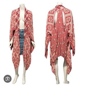 FREE PEOPLE Red Paisley Patchwork & Plaid Little Wing Kimono OSFA